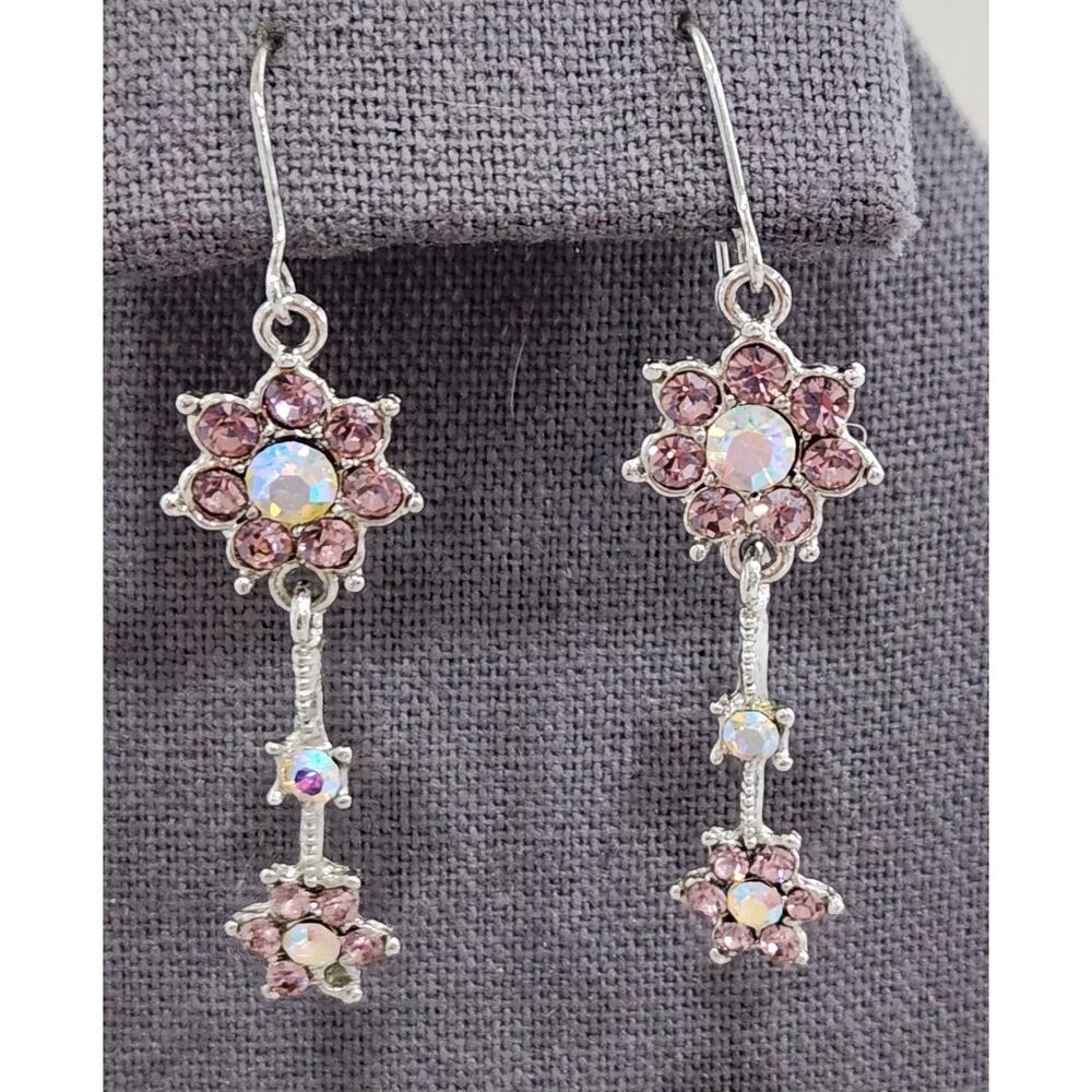 Silver Pink White Rhinestones Flower Design Tiered Dangle Hook Earrings 2.5"
